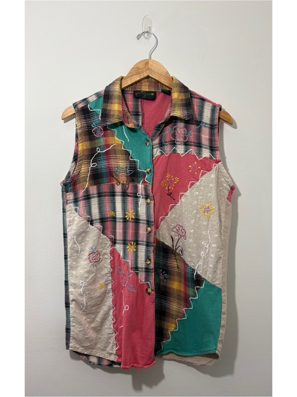 Vintage Gee J mixed media patchwork embroidered detail button-up top (medium)